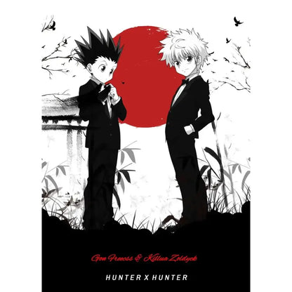 Black and white hunter x hunter canvas poster featuring gon freecss and another character in formal suits with red sun