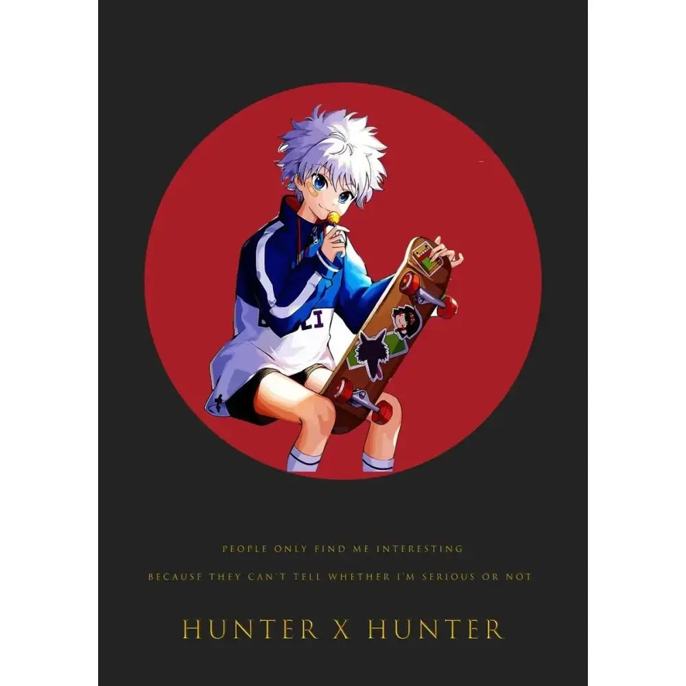 Hunter x hunter gon freecss canvas poster featuring a cartoon character with spiky white hair on a skateboard