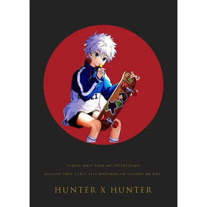 Hunter x hunter gon freecss canvas poster featuring a cartoon character with spiky white hair on a skateboard