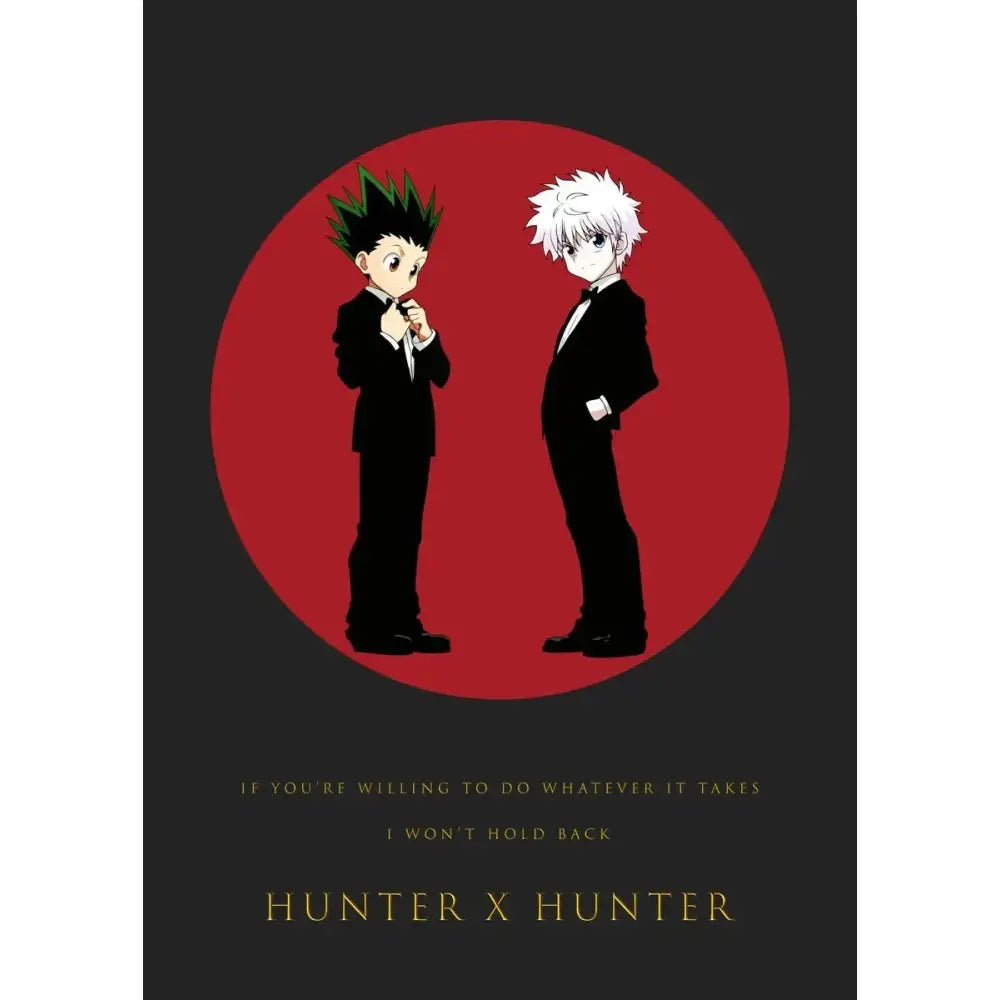 Hunter x hunter canvas poster featuring black and white gon freecss characters in formal suits on red background