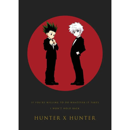 Hunter x hunter canvas poster featuring black and white gon freecss characters in formal suits on red background