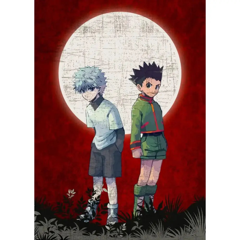 Hunter x hunter canvas poster featuring gon freecss and silver haired character under white moon on red background