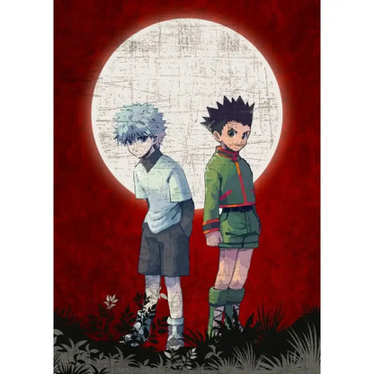 Hunter x hunter canvas poster featuring gon freecss and silver haired character under white moon on red background