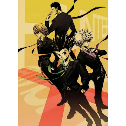 Hunter x hunter canvas poster featuring gon freecss and spiky black suit characters on bold yellow and red background