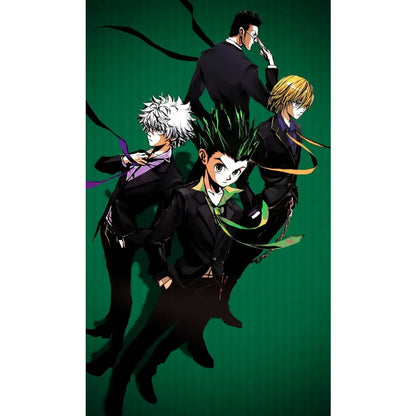 Hunter x hunter canvas poster featuring gon freecss and three anime characters in black formal suits with colorful ribbons