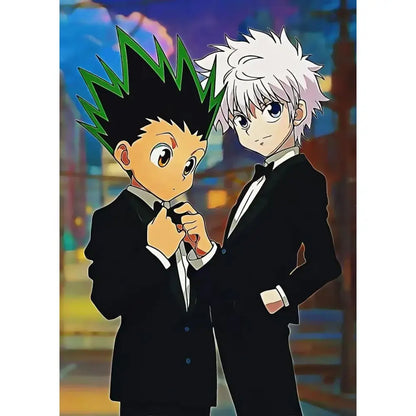 Hunter x hunter canvas poster featuring gon freecss and another character in black tuxedos with spiky green and white hair