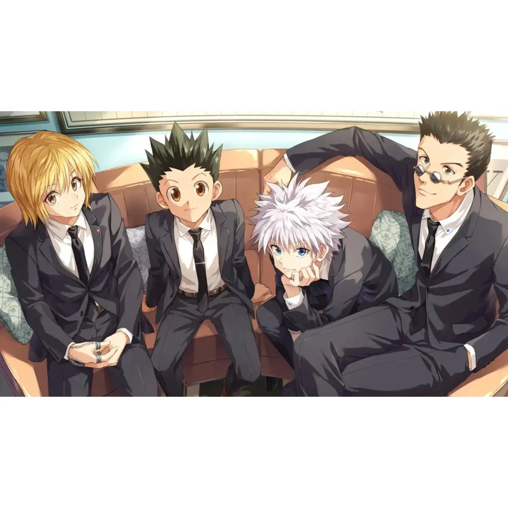 Hunter x hunter gon freecss canvas poster featuring four characters in dark gray suits seated on a brown leather couch