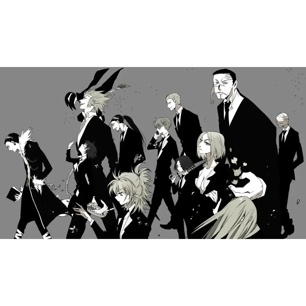 Black and white hunter x hunter canvas poster featuring gon freecss and a group in formal suits for wall art decor