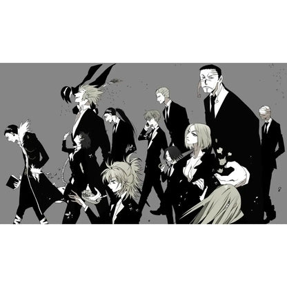 Black and white hunter x hunter canvas poster featuring gon freecss and a group in formal suits for wall art decor
