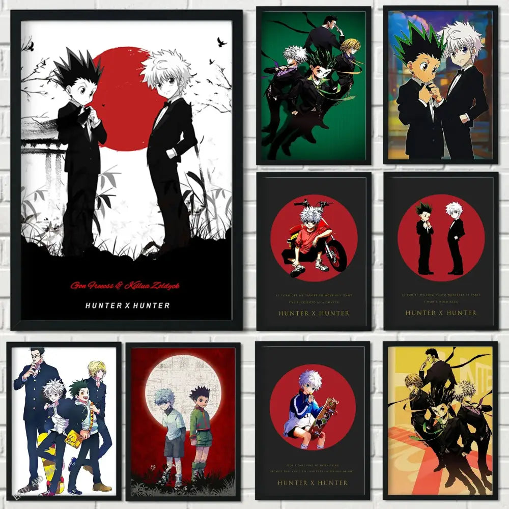 Black-framed hunter x hunter canvas poster featuring gon freecss in suits with bold red circular backgrounds wall art