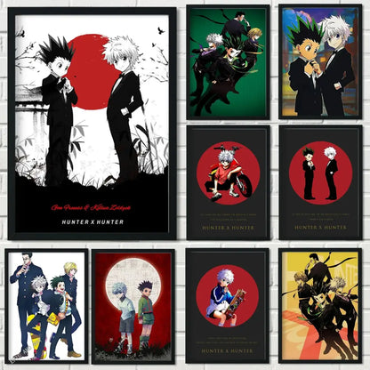 Black-framed hunter x hunter canvas poster featuring gon freecss in suits with bold red circular backgrounds wall art