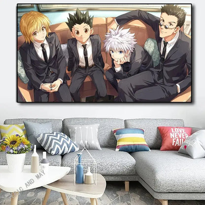 Black-framed hunter x hunter canvas poster featuring gon freecss and three anime characters in formal suits on couch