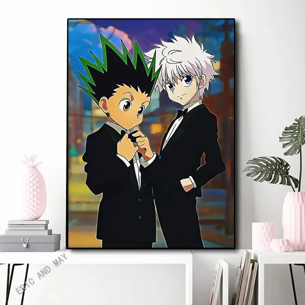A hunter x hunter canvas poster featuring gon freecss and another character in black suits against a colorful cityscape