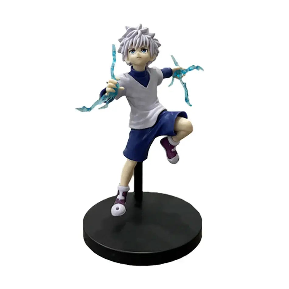 Hunter x hunter gon freecss pvc figure 15-23cm with silver hair white shirt blue collar shorts and glowing cyan energy tendrils