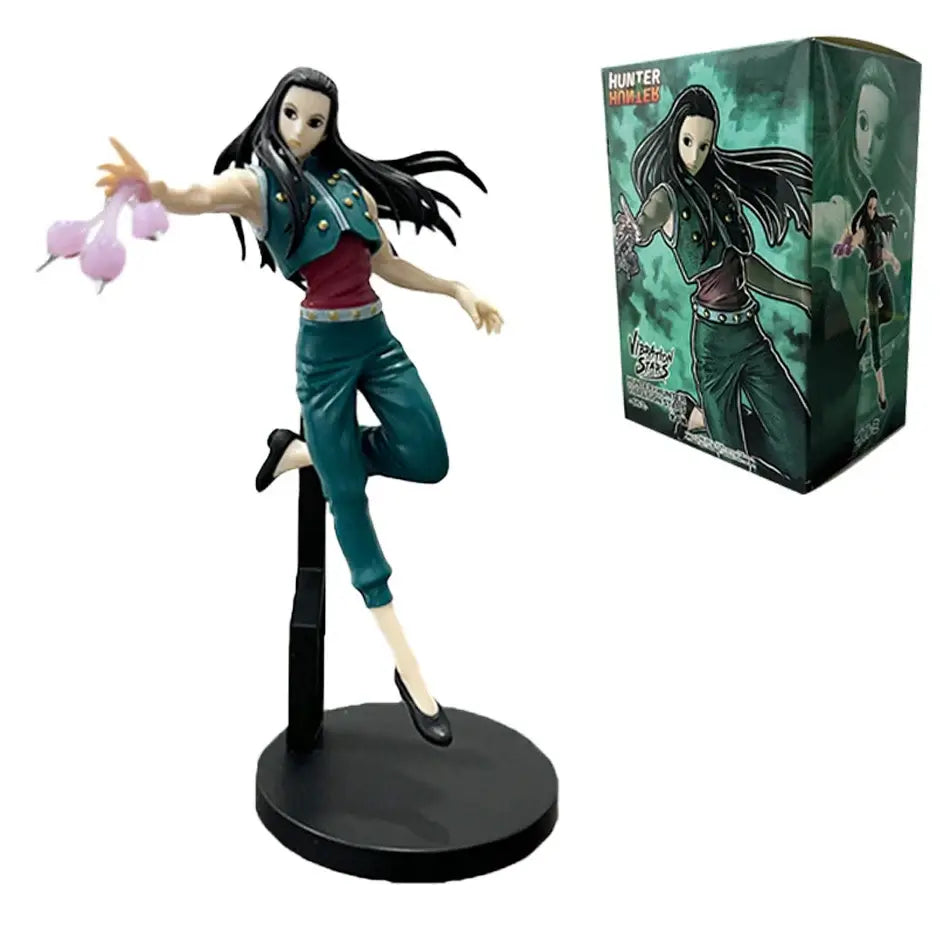Hunter x hunter gon freecss pvc figure featuring detailed long black hair teal jacket and pink flower-like objects pose