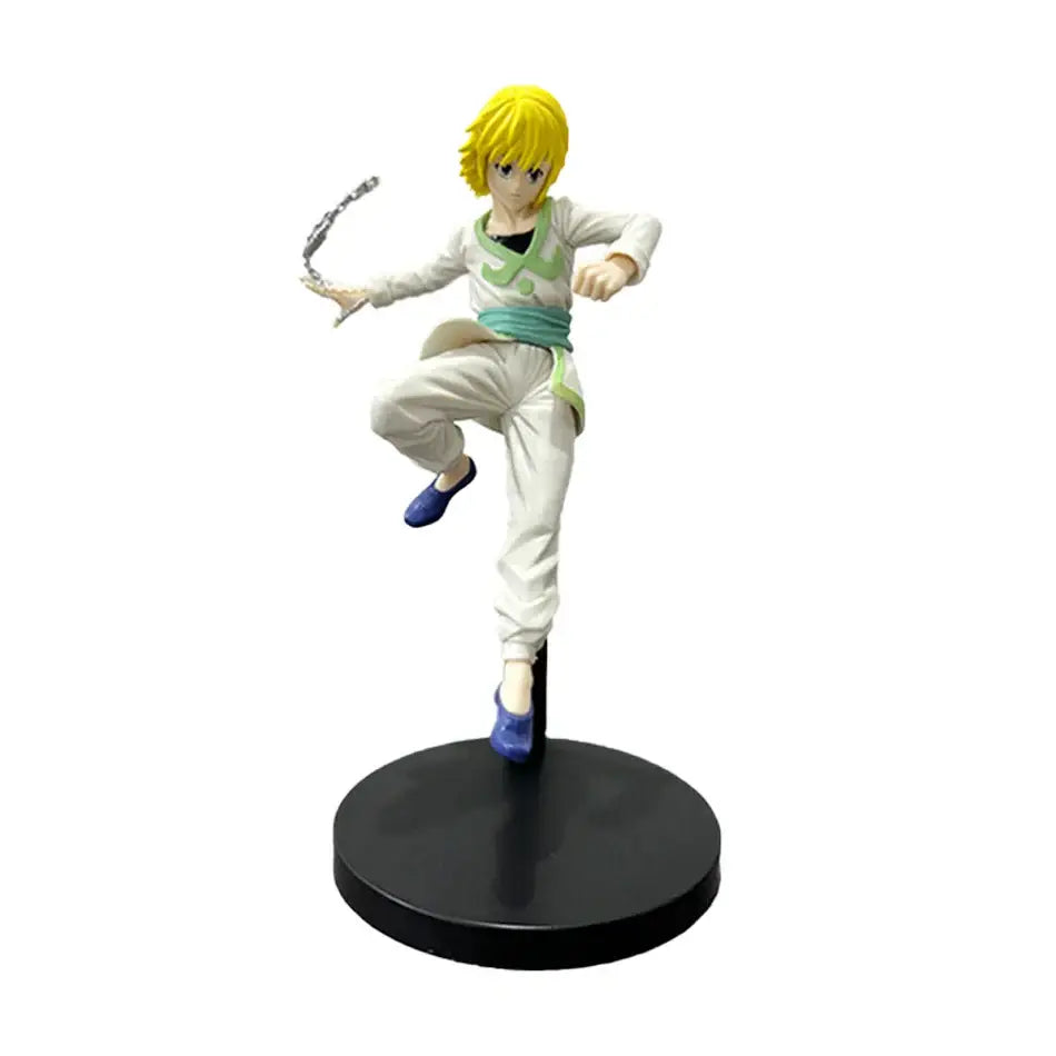 Hunter x hunter gon freecss pvc figure mid-action with yellow hair white green outfit and blue shoes holding chain weapon