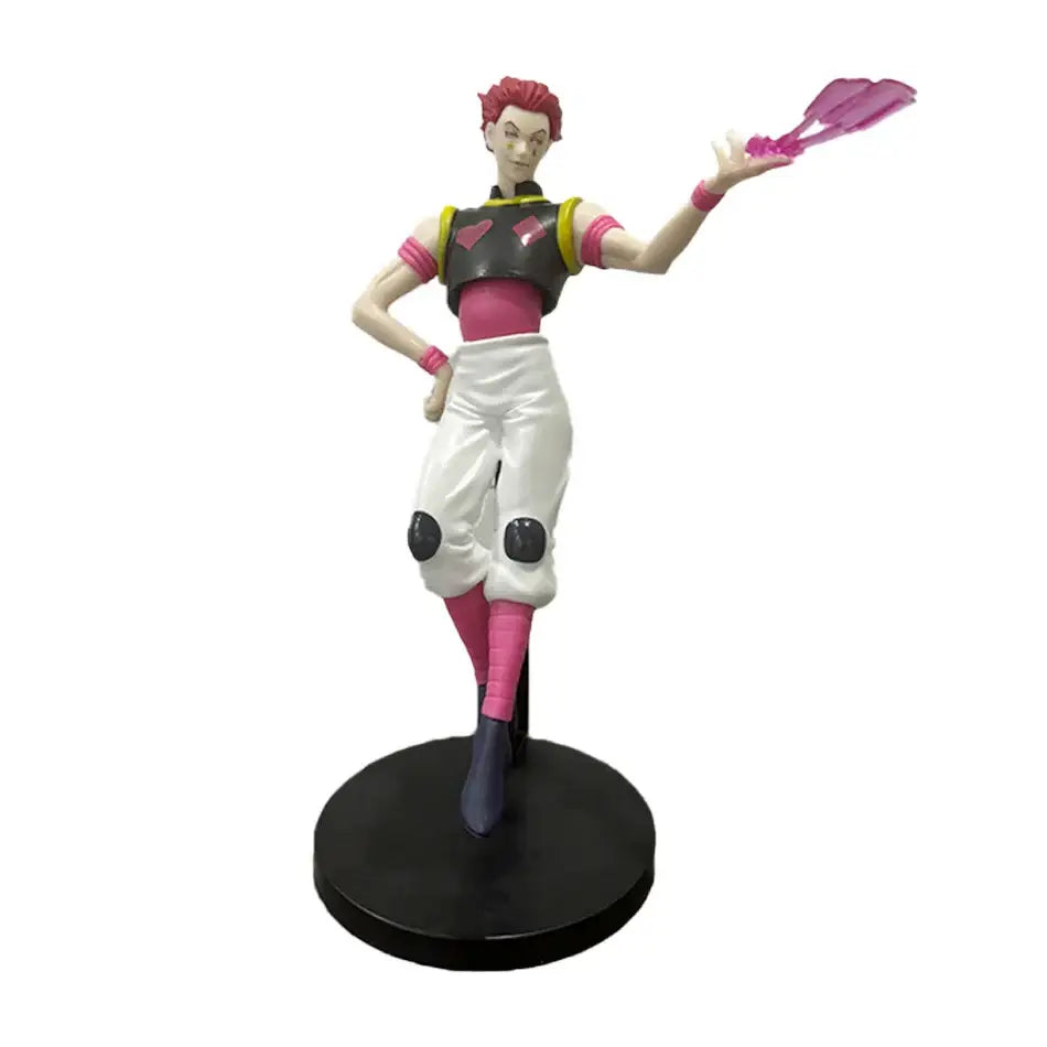 Detailed hunter x hunter gon freecss pvc figure with spiky red hair black and pink top white pants and pink leg warmers