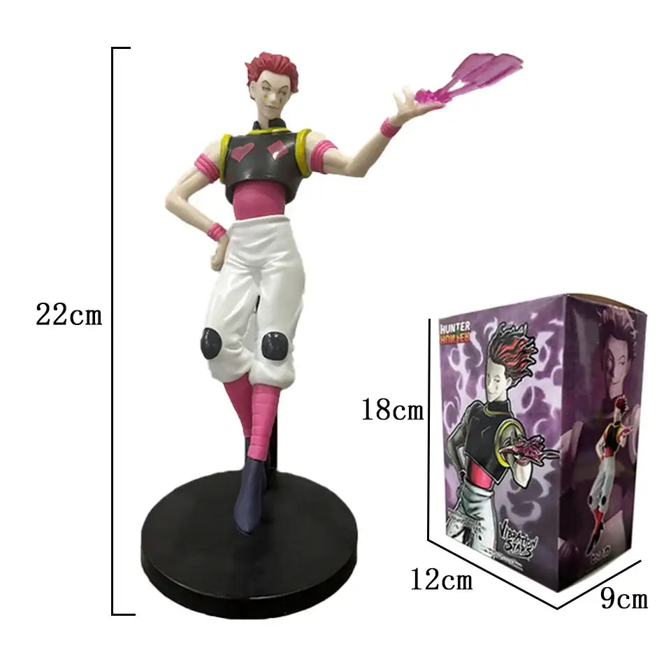 Hunter x hunter hisoka morow 22cm pvc figure with red hair black pink outfit holding purple feather collectible