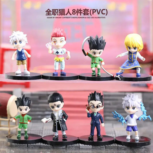 Set of eight chibi-style hunter x hunter pvc figurines featuring gon freecss in signature outfits and poses