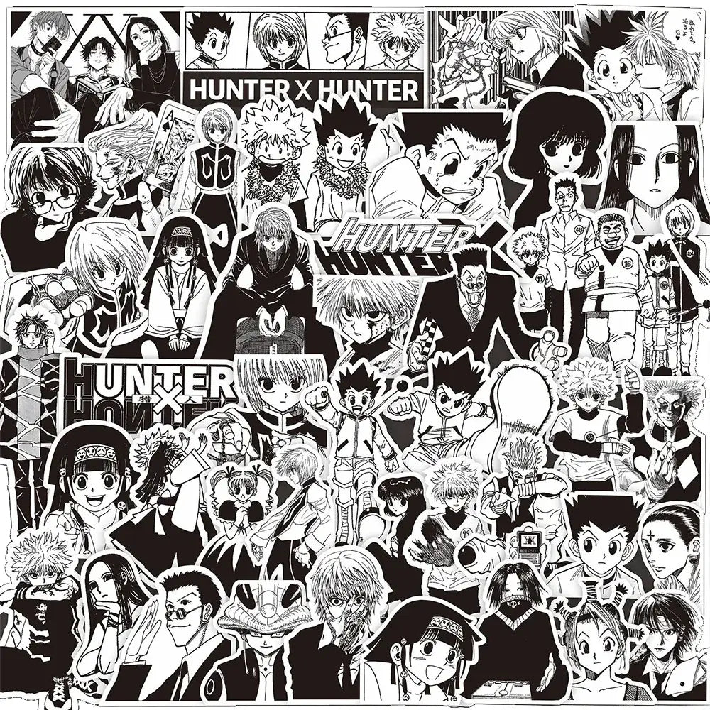 Black and white hunter x hunter gon freecss sticker pack featuring various anime character poses waterproof decals