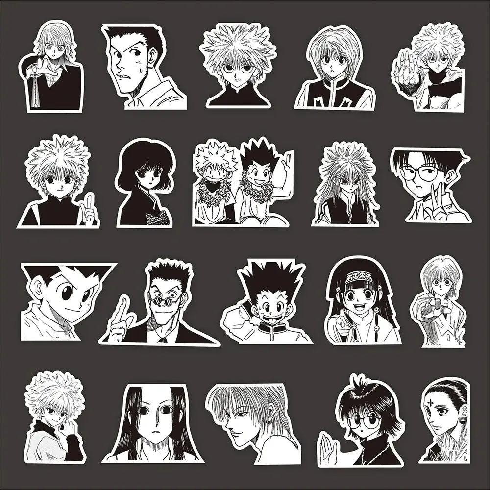 Black-and-white hunter x hunter sticker pack featuring gon freecss characters waterproof decals set