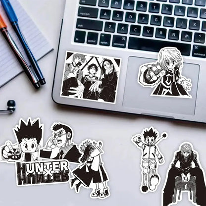 Black and white hunter x hunter gon freecss sticker pack with bold outlines and detailed anime designs waterproof decals