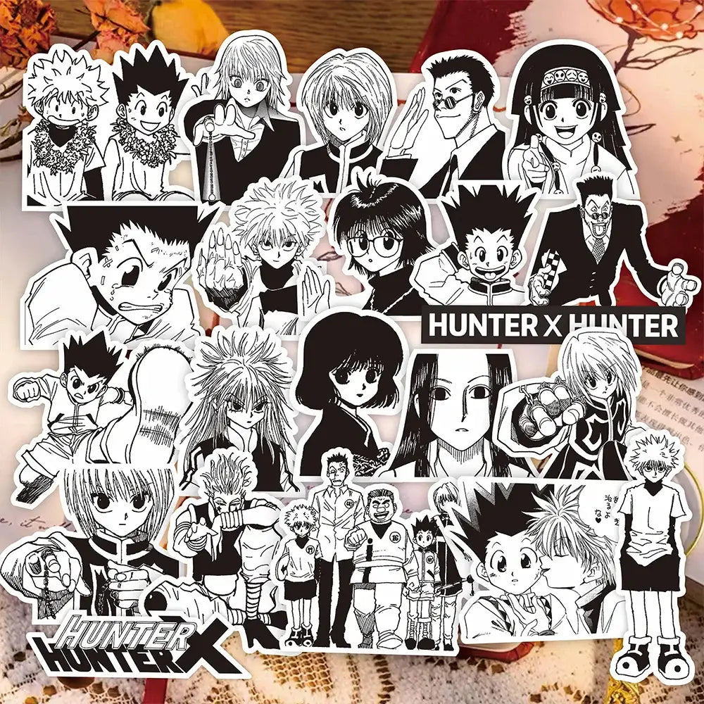 Black and white hunter x hunter gon freecss sticker pack featuring anime character decals in various poses