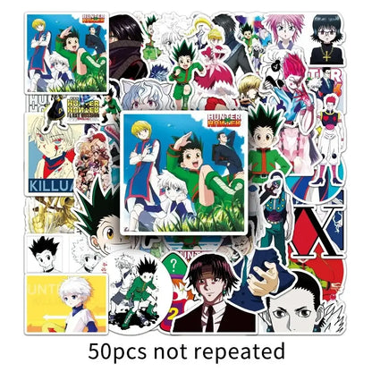 A collection of 50 hunter x hunter gon freecss waterproof stickers featuring vibrant colors on glossy adhesive paper
