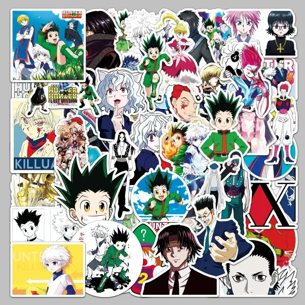 A collection of colorful glossy hunter x hunter stickers featuring gon freecss waterproof designs in green outfits