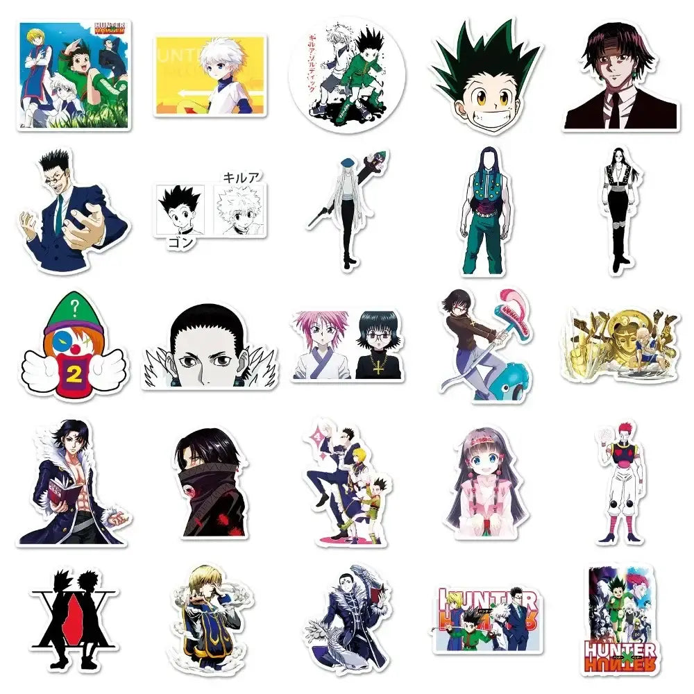 A collection of colorful glossy hunter x hunter vinyl stickers featuring gon freecss waterproof designs 50pcs