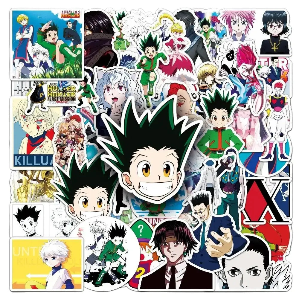Vibrant colorful hunter x hunter gon freecss waterproof stickers featuring glossy characters in various poses 50pcs