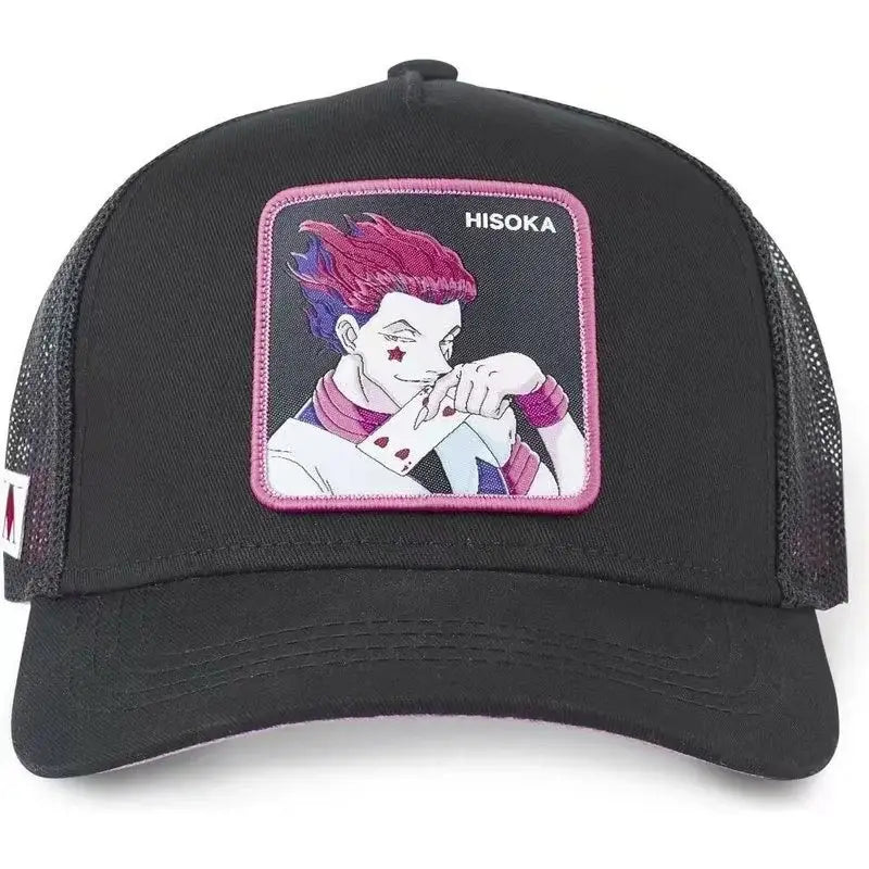 Black mesh hunter x hunter hisoka snapback cap with a pink-bordered embroidered patch in vibrant colors