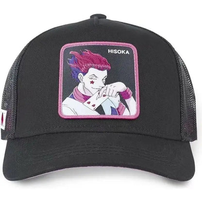 Black mesh hunter x hunter hisoka snapback cap with a pink-bordered embroidered patch in vibrant colors