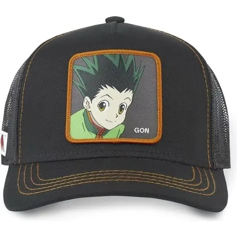 Black hunter x hunter trucker hat with gon embroidered patch bordered in orange stitching mesh adjustable snapback