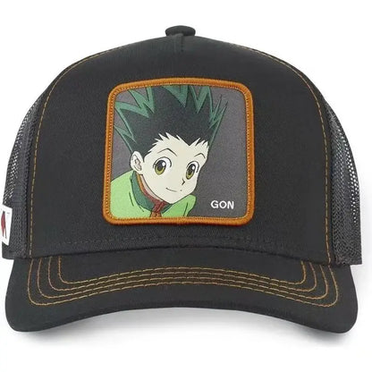 Black hunter x hunter trucker hat with gon embroidered patch bordered in orange stitching mesh adjustable snapback