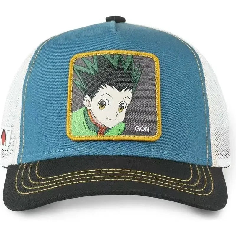 Blue and white mesh hunter x hunter hisoka snapback cap featuring an embroidered gon patch bordered in yellow