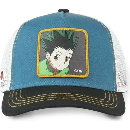Blue and white mesh hunter x hunter hisoka snapback cap featuring an embroidered gon patch bordered in yellow