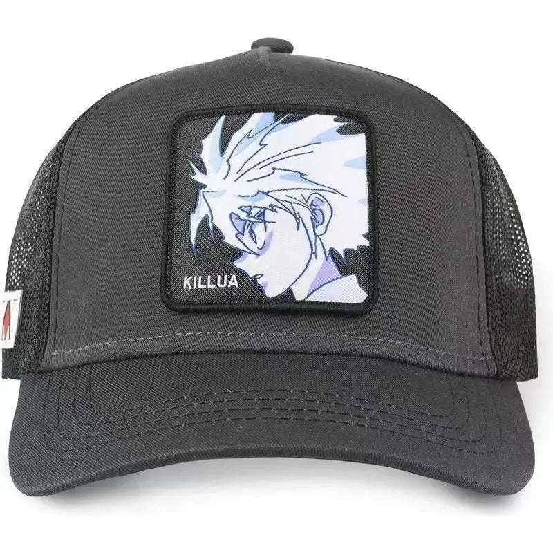 Black hunter x hunter hisoka snapback cap with mesh adjustable design and anime killua patch in white and light blue