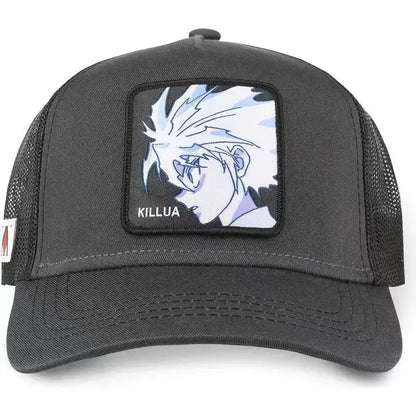 Black hunter x hunter hisoka snapback cap with mesh adjustable design and anime killua patch in white and light blue