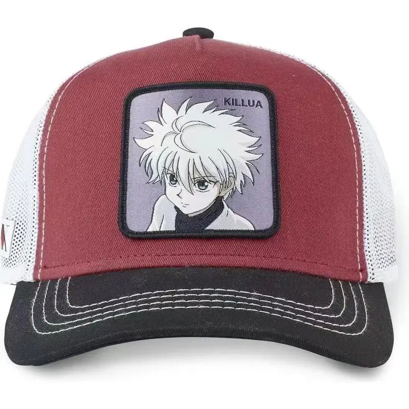 Hunter x hunter hisoka snapback cap with maroon and white mesh and black brim featuring killua patch on front
