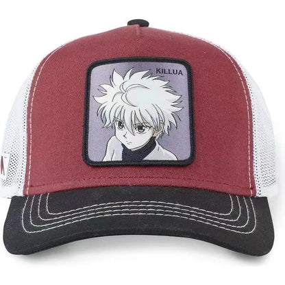 Hunter x hunter hisoka snapback cap with maroon and white mesh and black brim featuring killua patch on front
