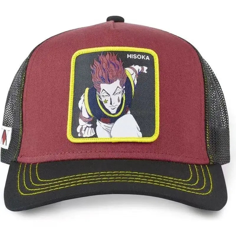 Maroon and black mesh hunter x hunter hisoka snapback cap with yellow-trimmed patch featuring hisoka character