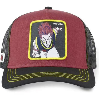 Maroon and black mesh hunter x hunter hisoka snapback cap with yellow-trimmed patch featuring hisoka character