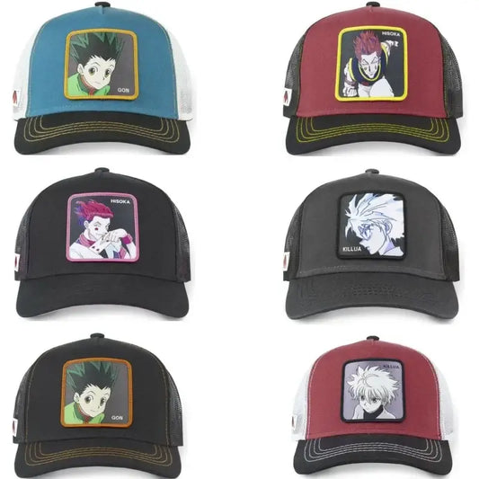 Six colorful trucker hats with hunter x hunter hisoka snapback cap anime patches and mesh adjustable design