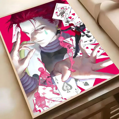 Vibrant red and black hunter x hunter hisoka wall poster featuring crimson-haired hisoka with skeletal figures and playing cards