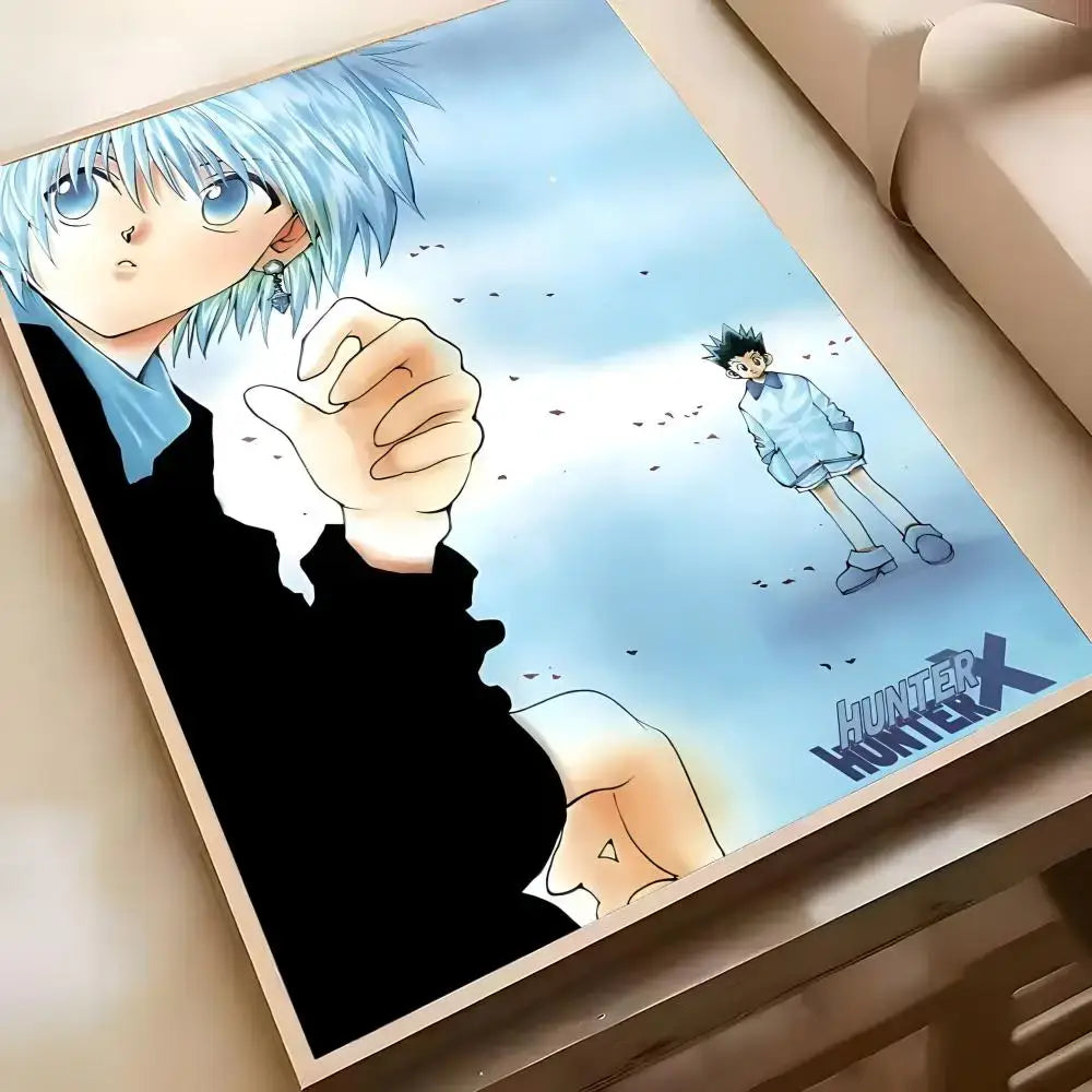 A framed hunter x hunter hisoka wall poster with light blue hair character on a sky blue waterproof hd self-adhesive background