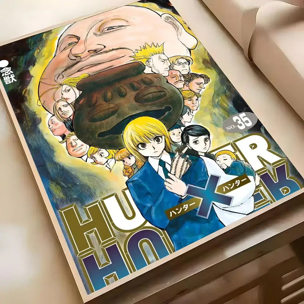 A framed hunter x hunter hisoka wall poster with vibrant colors featuring dynamic character illustrations in hd waterproof material