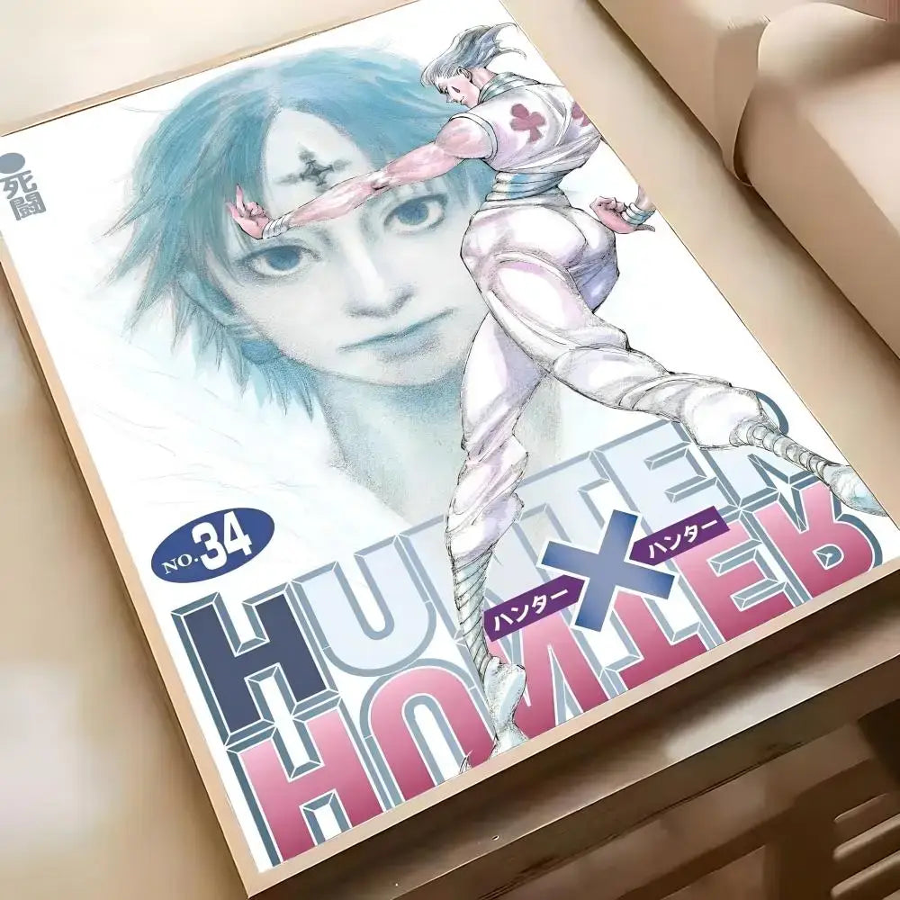 A framed hunter x hunter hisoka wall poster with waterproof hd self-adhesive print featuring blue hair and white attire