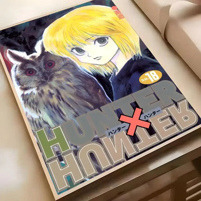 Hunter x hunter hisoka wall poster featuring volume 18 cover with blonde character owl in waterproof hd self-adhesive material