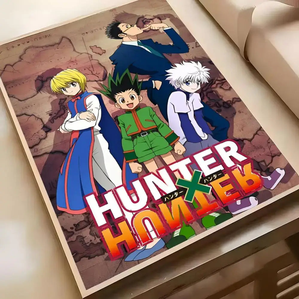 A framed hunter x hunter hisoka wall poster in vibrant colors on a map background made of waterproof hd self-adhesive material